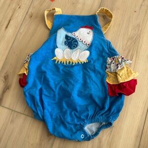 One of a kind Blue Baby Sun Suit with Chicken Design and ruffles